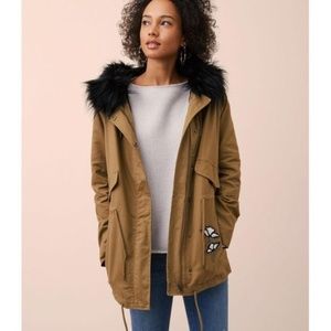 NWT LOFT Floral Embroidered Faux Fur Parka
